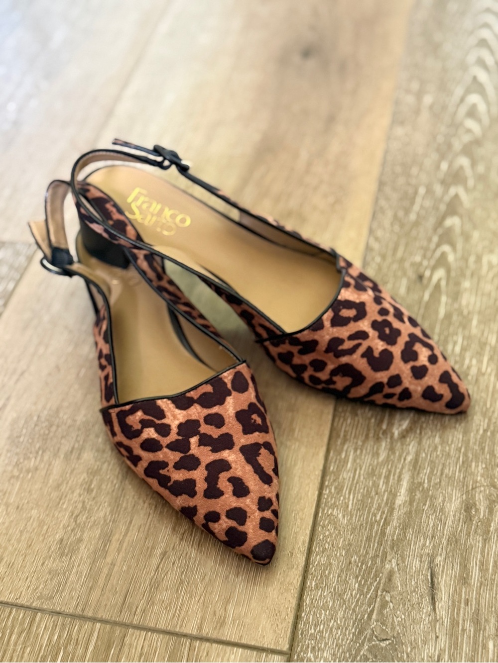 Franco Sarto Leopard-Print Pointed Slingback Flats in Brown and Black